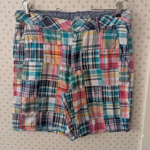 🩵 Izod 32" Shorts Madras Saltwater Plaid Red Pink Bermuda Classic Vintage